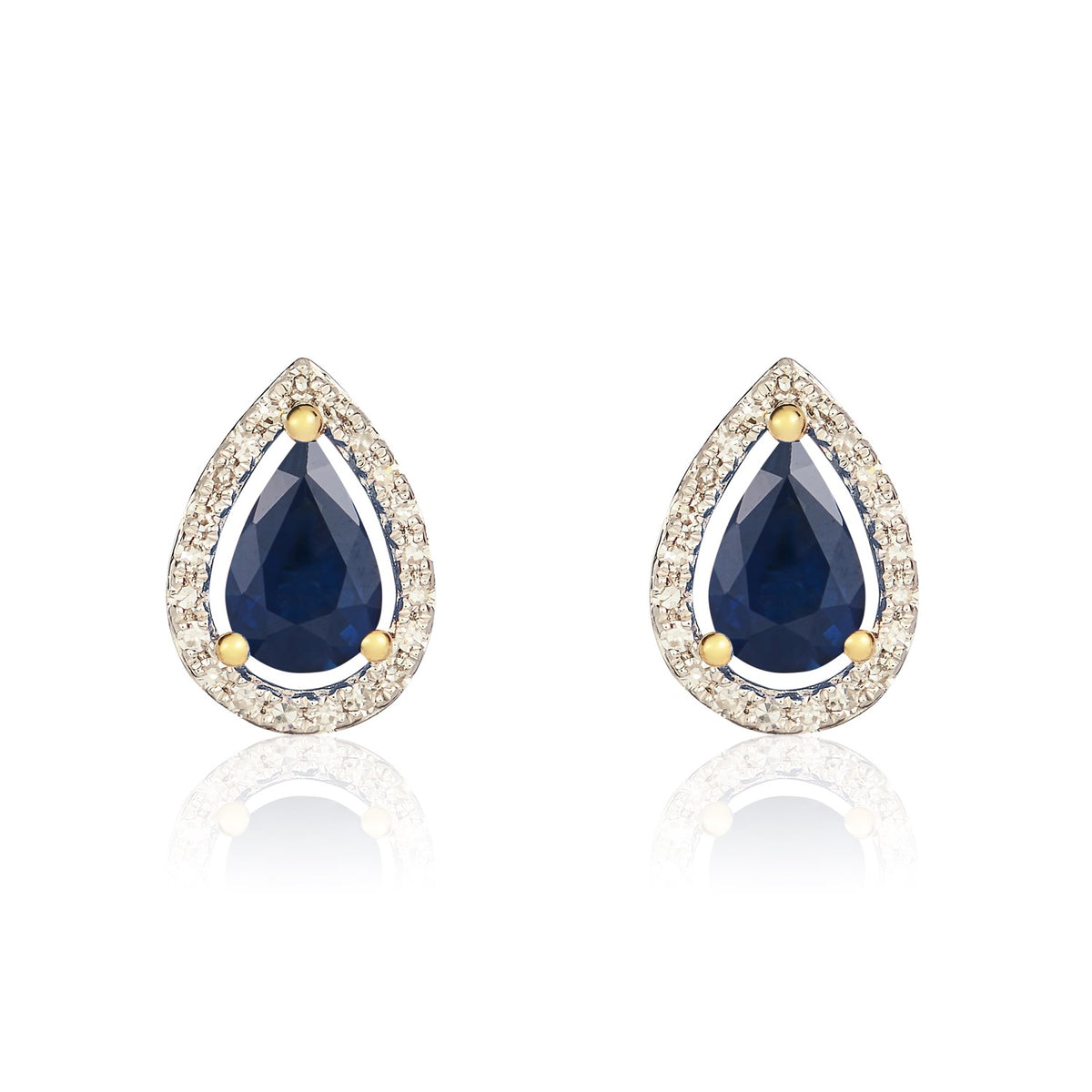 9CT YG 6X4 PEARSHAPE SAPPHIRE & DIAMOND HALO CLUSTER EARRINGS. RHODIUM TO DIAMONDS