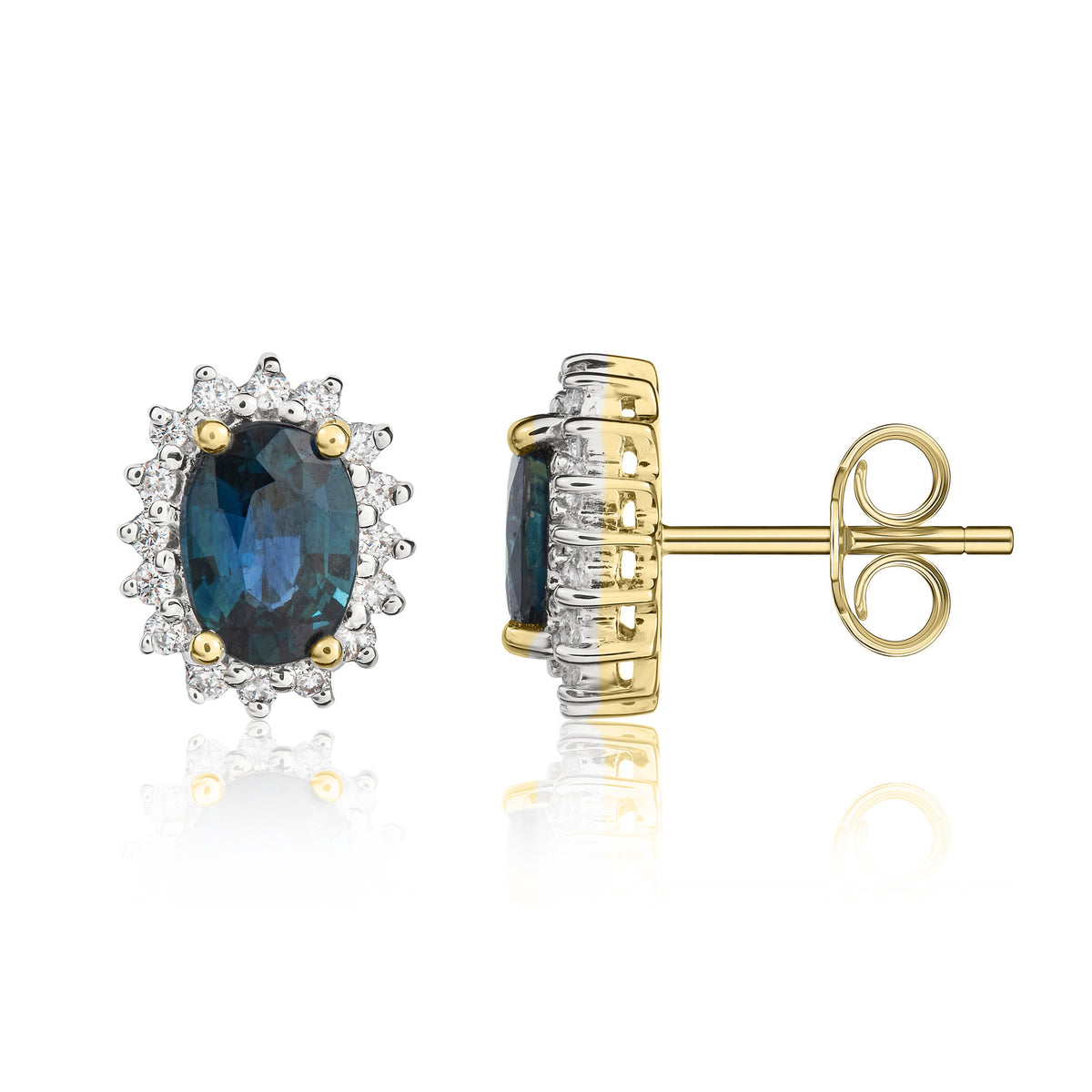 9CT YG 7X5 OVAL SAPPHIRE & DIAMOND CLAW SET CLUSTER EARRINGS. RHODIUM TO DIAMONDS