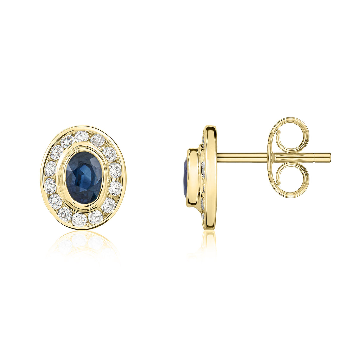 9CT YELLOW GOLD OVAL SAPPHIRE AND DIAMOND RUBOVER CLUSTER EARRINGS