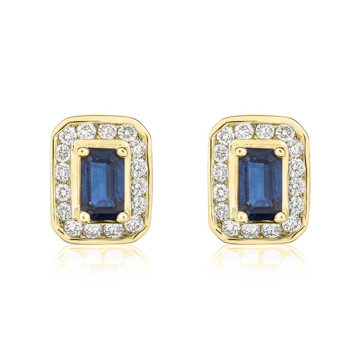 9CT YG CLAW SET OCTAGON SAPPHIRE & CHANNEL SET DIAMOND CLUSTER EARRINGS
