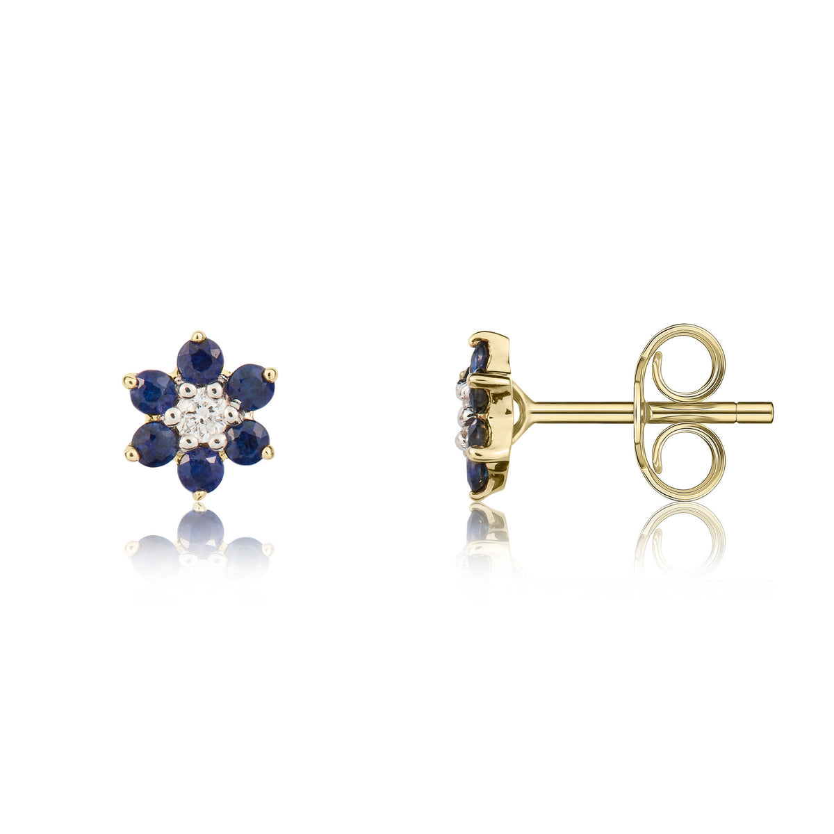 9CT YG ROUND SAPPHIRE AND DIAMOND CLAW SET REVERSE CLUSTER EARRINGS