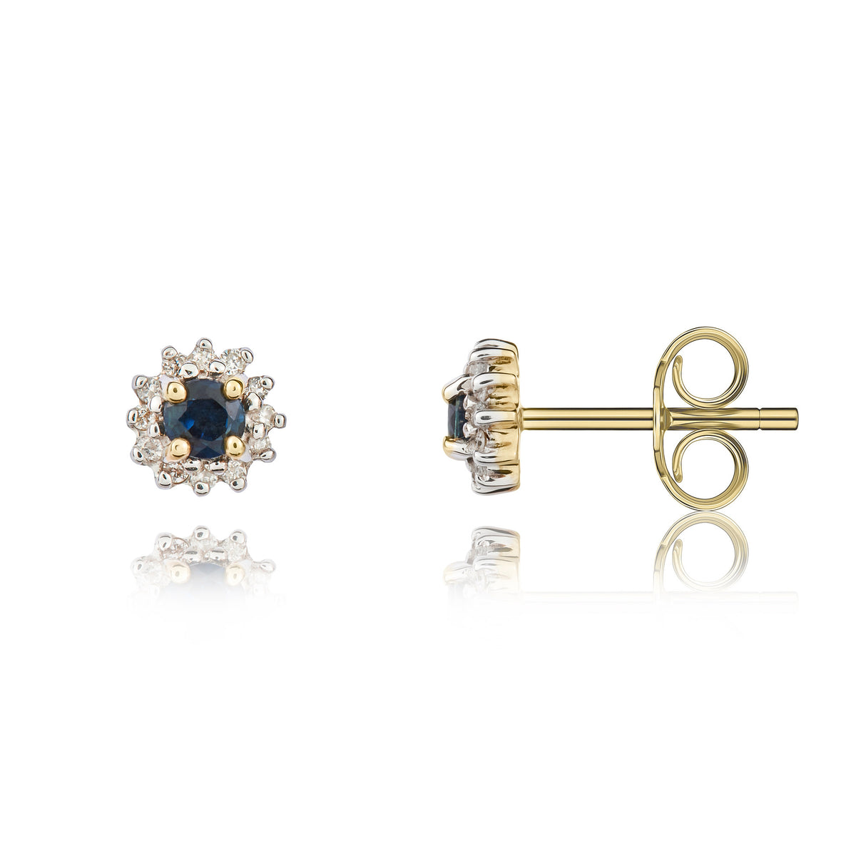 9CT YG 3MM ROUND SAPPHIRE AND DIAMOND CLAW CLUSTER EARRINGS. RHODIUM TO DIAMONDS