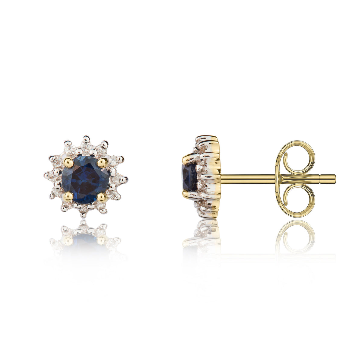 9CT YG 4MM ROUND SAPPHIRE AND DIAMOND CLAW CLUSTER EARRINGS. RHODIUM TO DIAMONDS