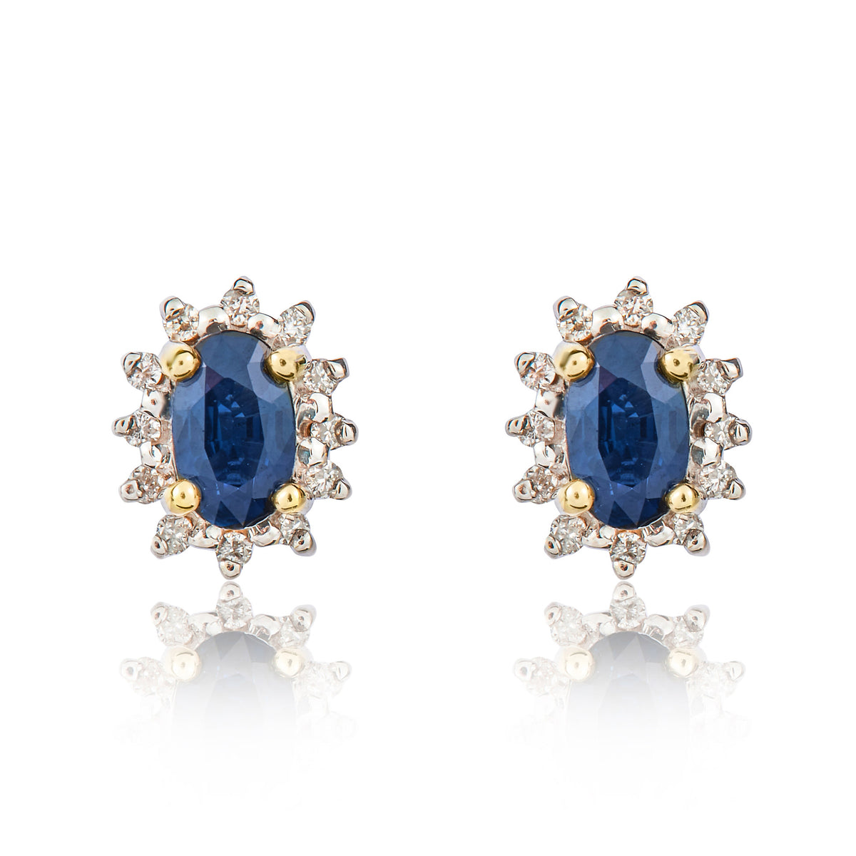9CT YG 5X3 OVAL SAPPHIRE & DIAMOND CLAW SET CLUSTER EARRINGS. RHODIUM TO DIAMONDS