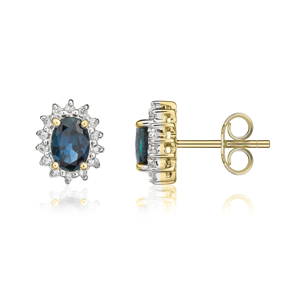 9CT YG 6X4 OVAL SAPPHIRE AND DIAMOND CLAW SET CLUSTER EARRINGS. RHODIUM TO DIAMONDS