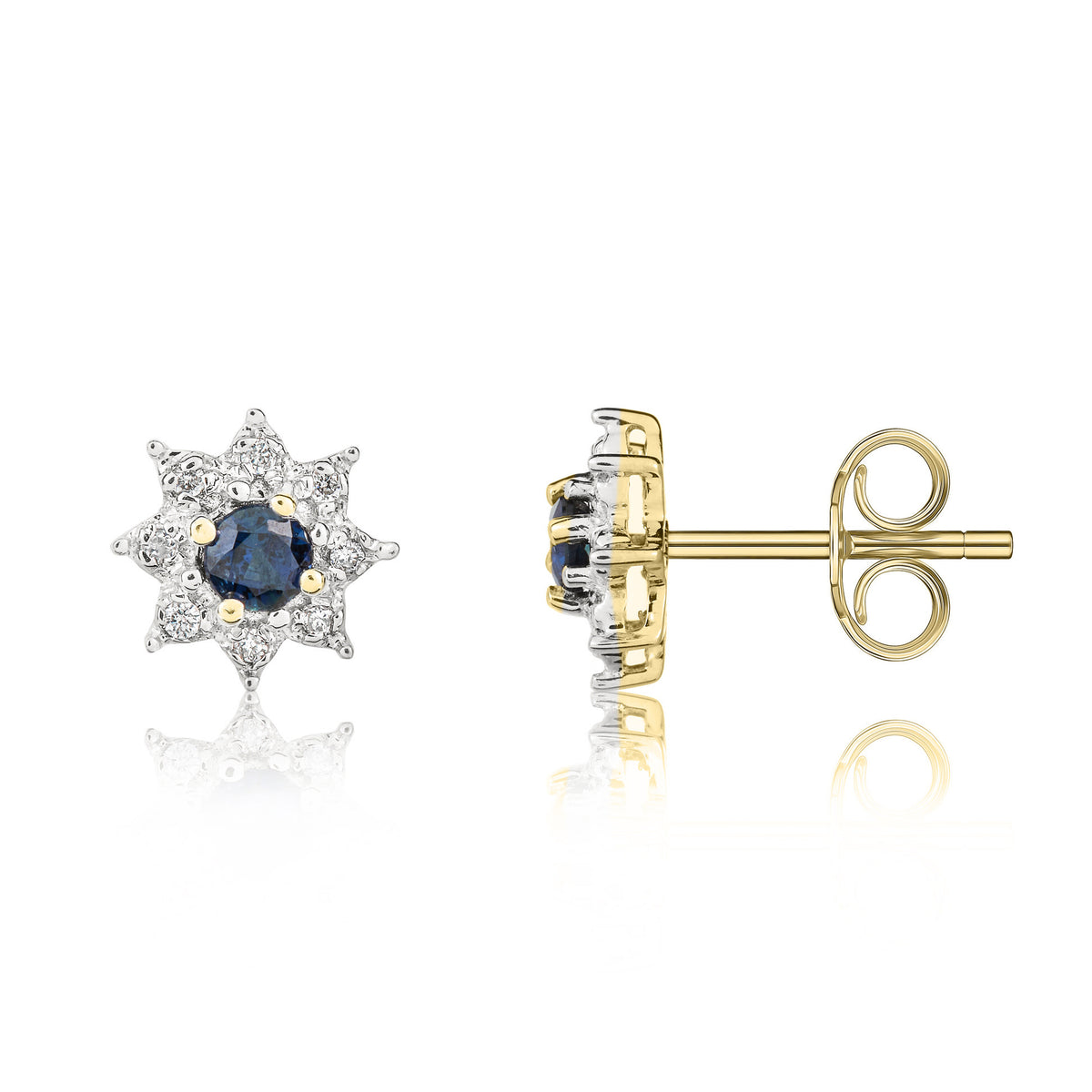 9CT YELLOW GOLD ROUND SAPPHIRE AND DIAMOND CLAW CLUSTER EARRINGS