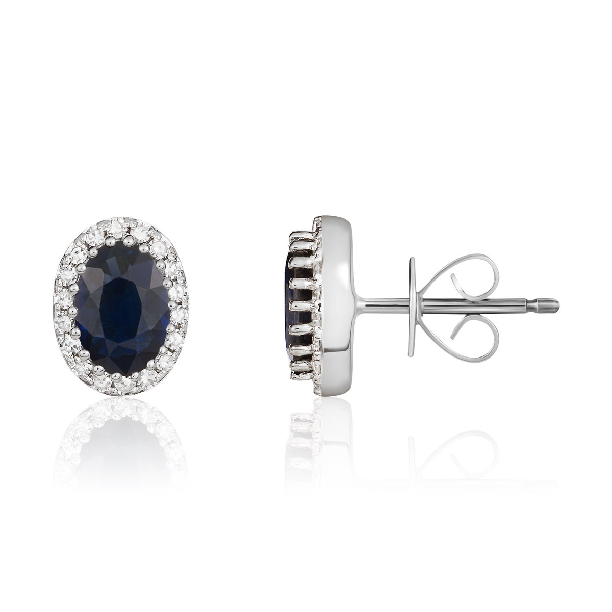 9CT WHITE GOLD OVAL SAPPHIRE AND DIAMOND CLAW CLUSTER EARRINGS