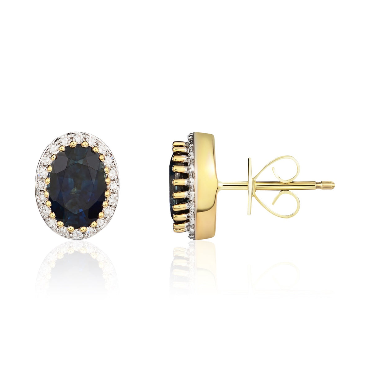 9CT YELLOW GOLD OVAL SAPPHIRE AND ROUND DIAMOND CLAW CLUSTER EARRINGS