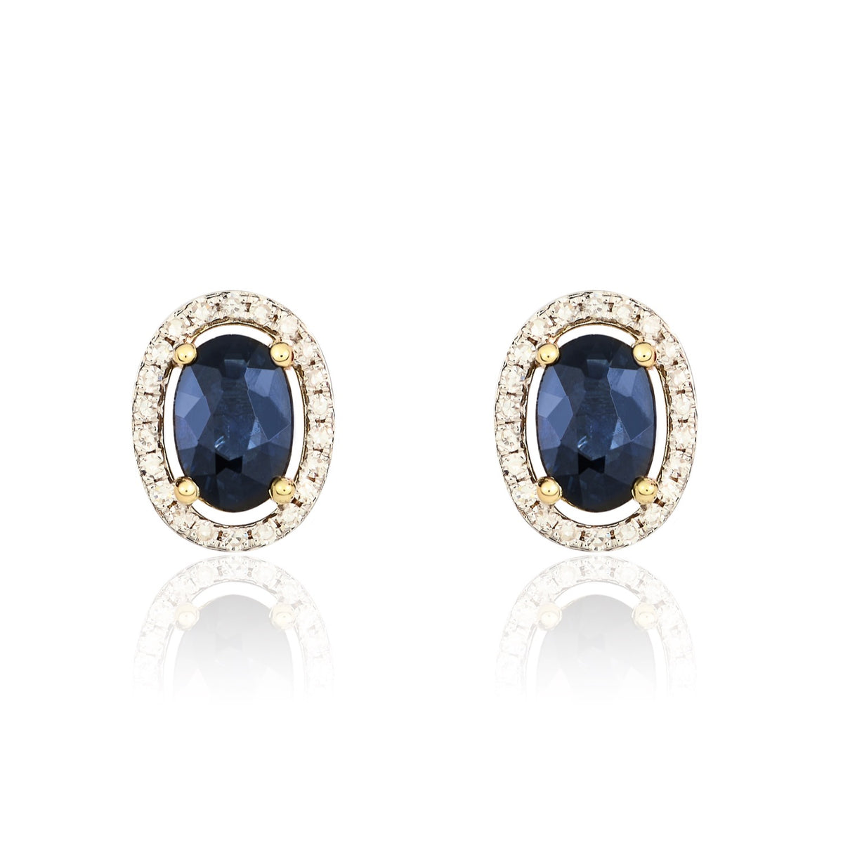 9CT YG 6X4 OVAL SAPPHIRE AND ROUND DIAMOND HALO CLUSTER EARRINGS. RHODIUM TO DIAMONDS