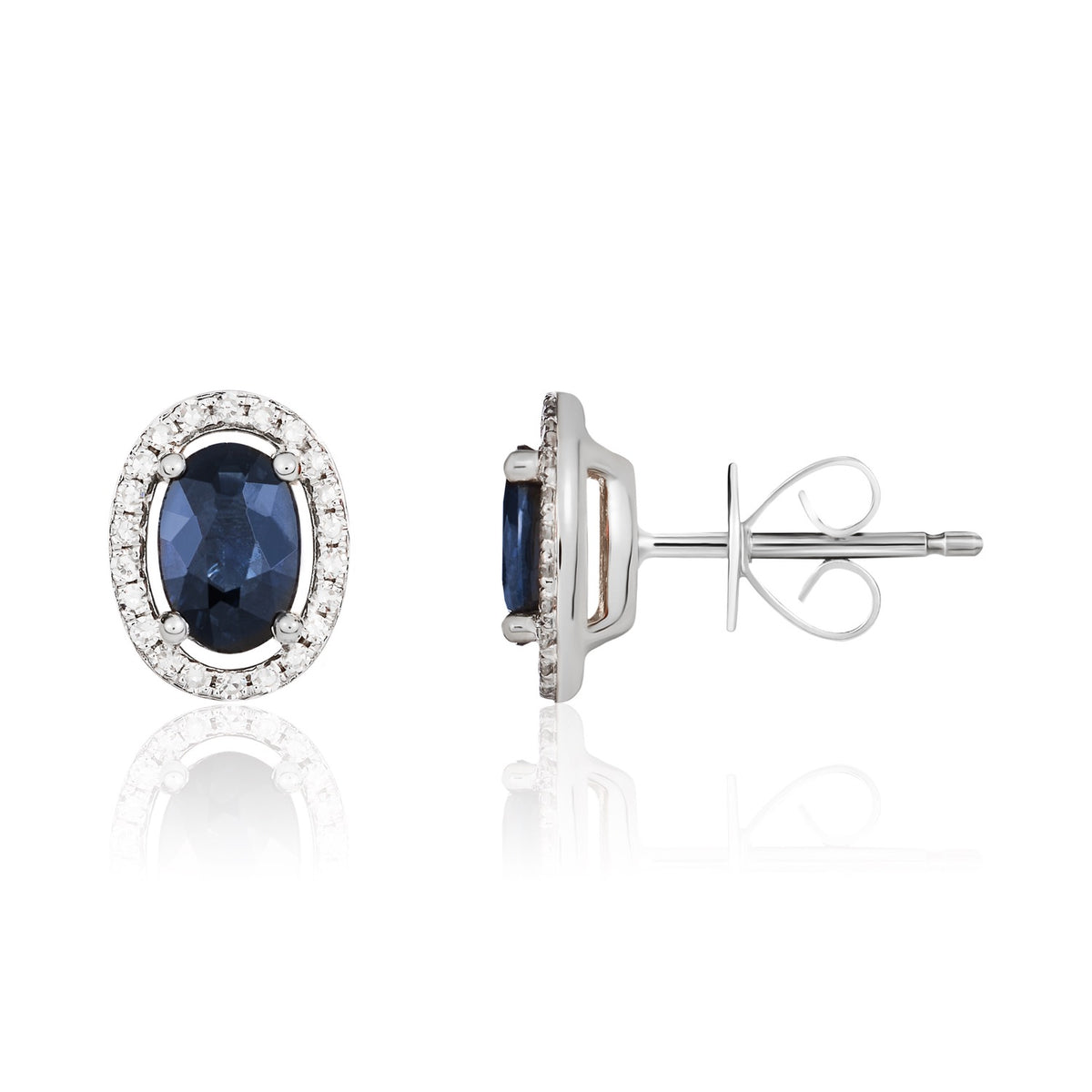 9CT WG 6X4 OVAL SAPPHIRE AND ROUND DIAMOND HALO CLUSTER EARRINGS