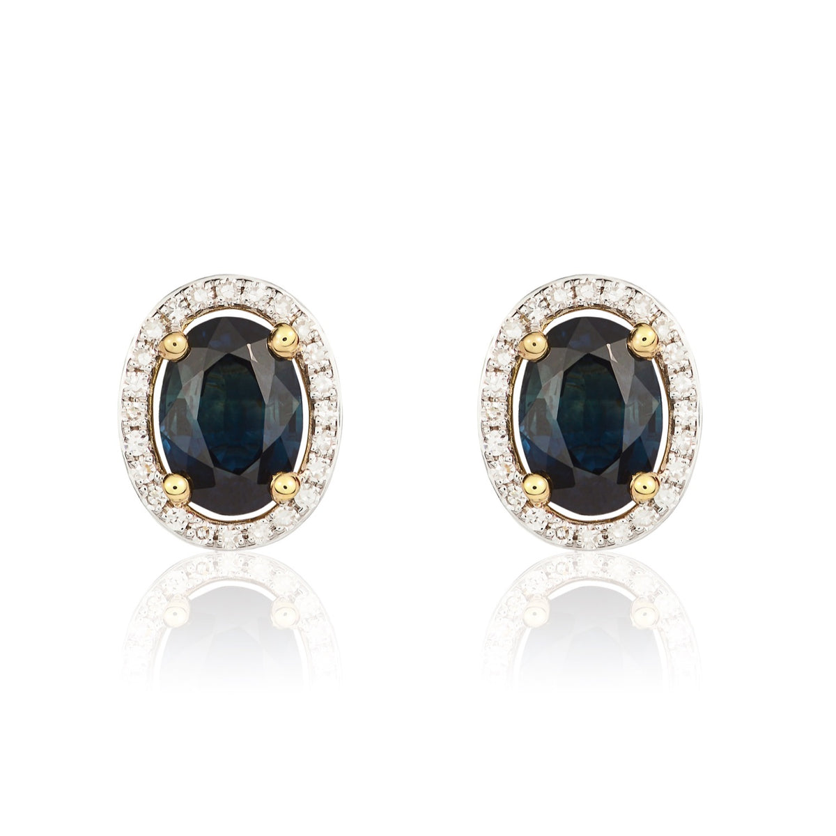 9CT YG 7X5 OVAL SAPPHIRE AND ROUND DIAMOND CLAW SET HALO CLUSTER EARRINGS. RHODIUM TO DIAMONDS