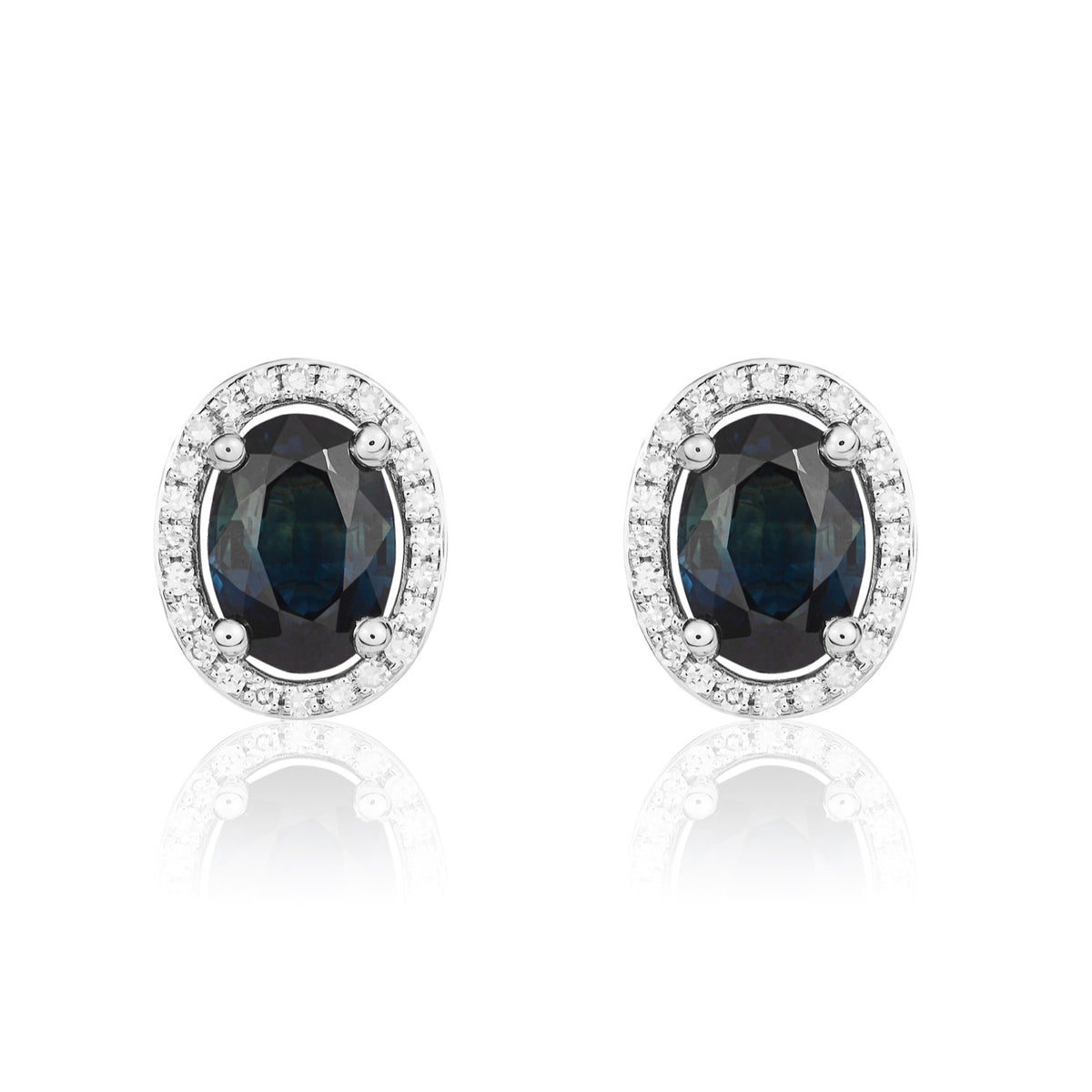 9CT WG 7X5 OVAL SAPPHIRE AND ROUND DIAMOND CLAW SET HALO CLUSTER EARRINGS