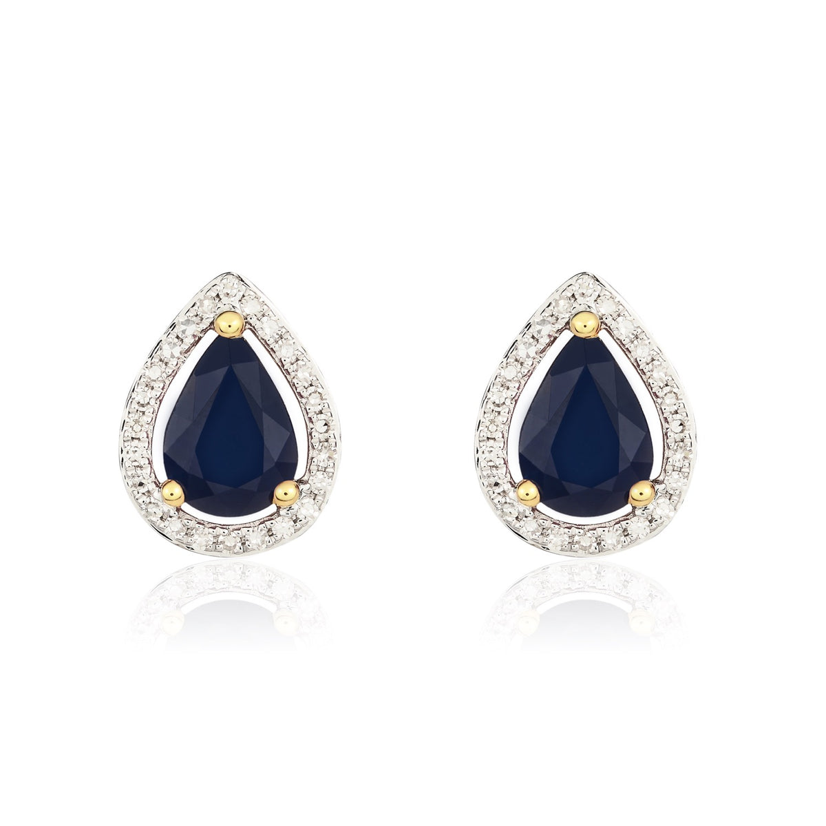 9CT YG 7X5 PEARSHAPE SAPPHIRE & DIAMOND HALO CLUSTER EARRINGS. RHODIUM TO DIAMONDS