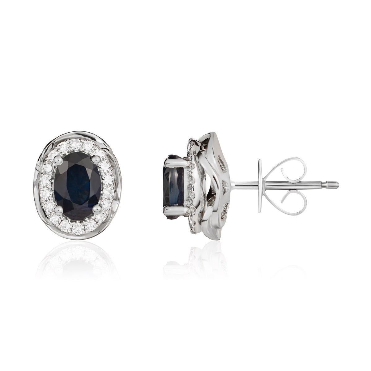 9CT WG 7X5 OVAL SAPPHIRE & DIAMOND CLUSTER EARRINGS WITH ROPE EDGE