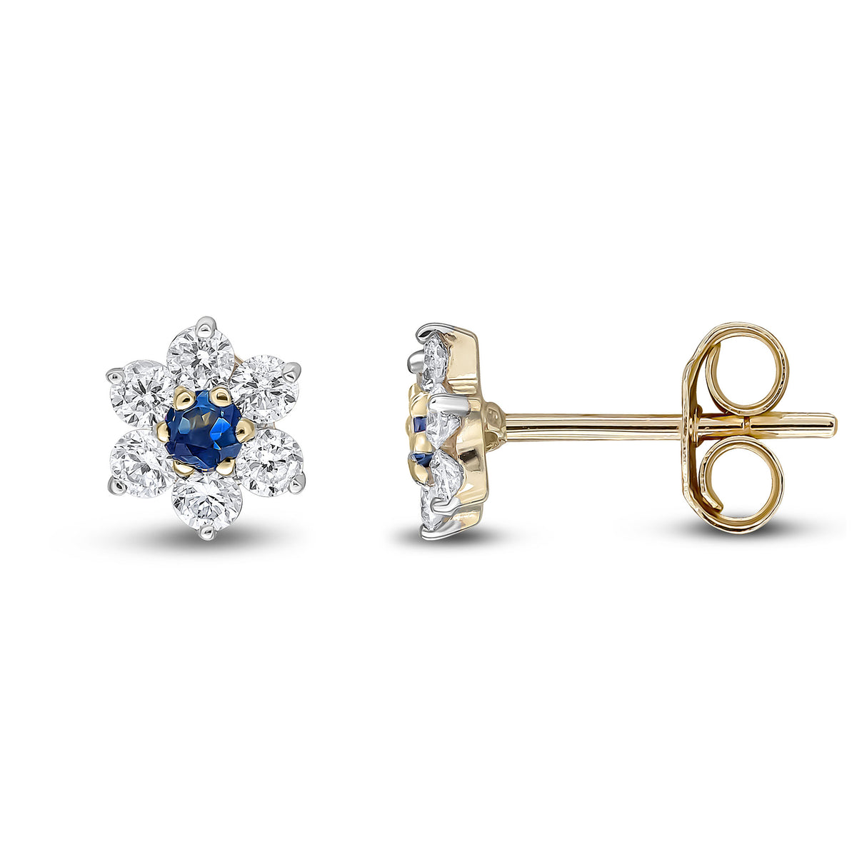 9CT YELLOW GOLD ROUND SAPPHIRE AND DIAMOND CLAW CLUSTER EARRINGS
