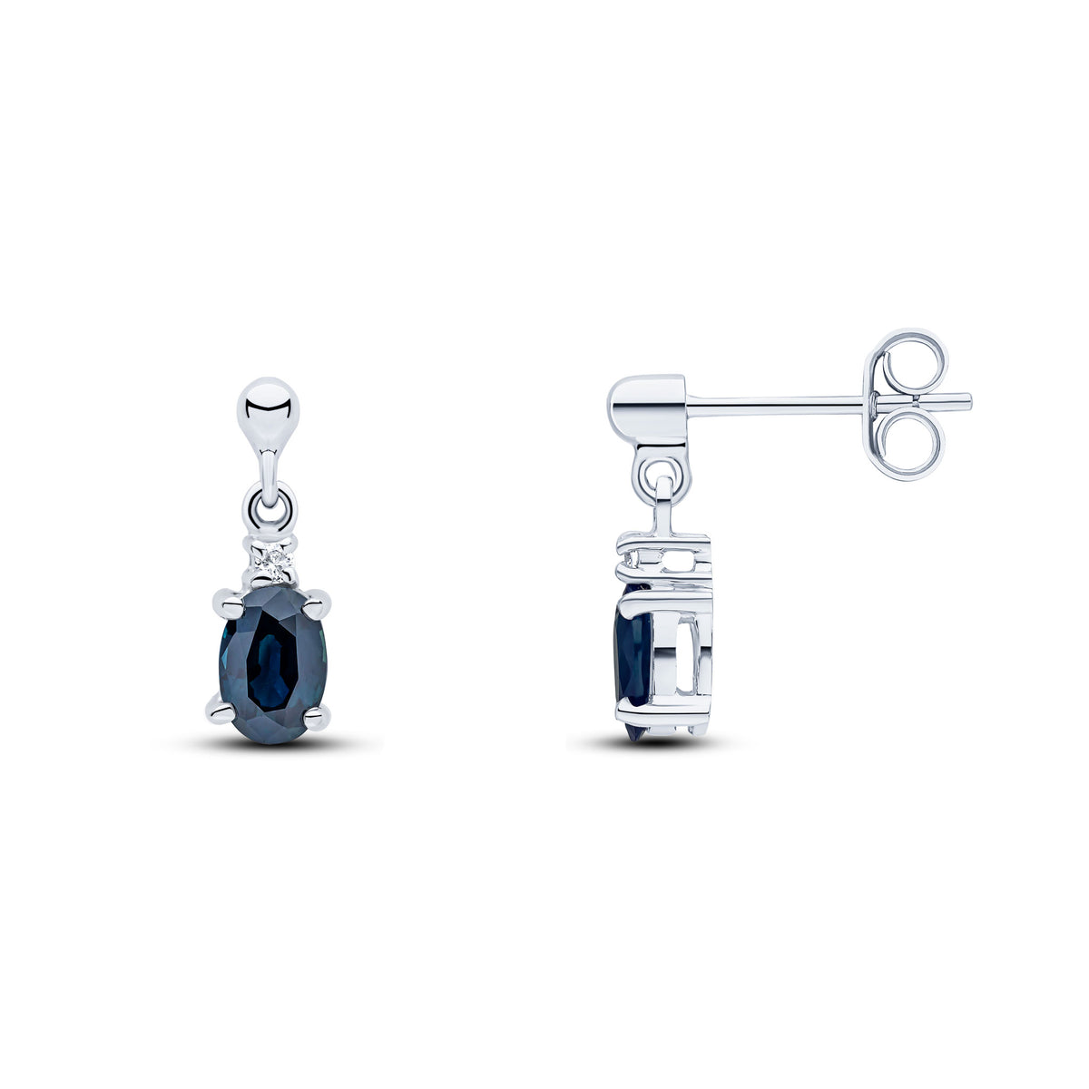 9CT WG OVAL SAPPHIRE & DIAMOND CLAW SET 2 STONE DROP EARRINGS WITH BEAD STUD TOP