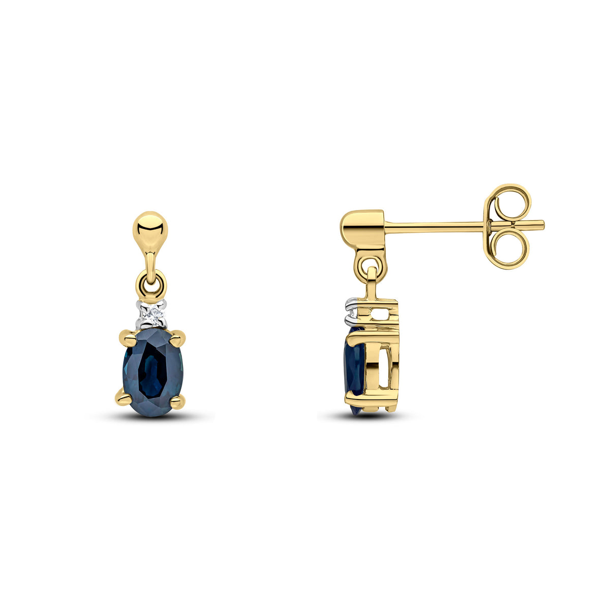 9CT YG OVAL SAPPHIRE & DIAMOND CLAW SET 2 STONE DROP EARRINGS WITH BEAD STUD TOP