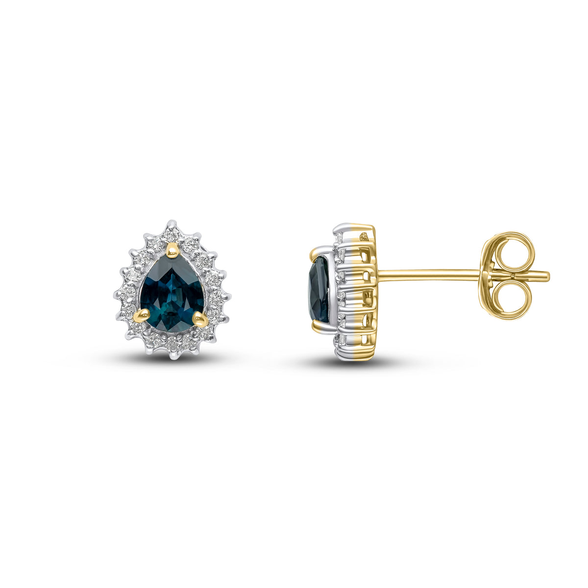 9CT YELLOW GOLD PEARSHAPE SAPPHIRE AND DIAMOND CLAW CLUSTER EARRINGS