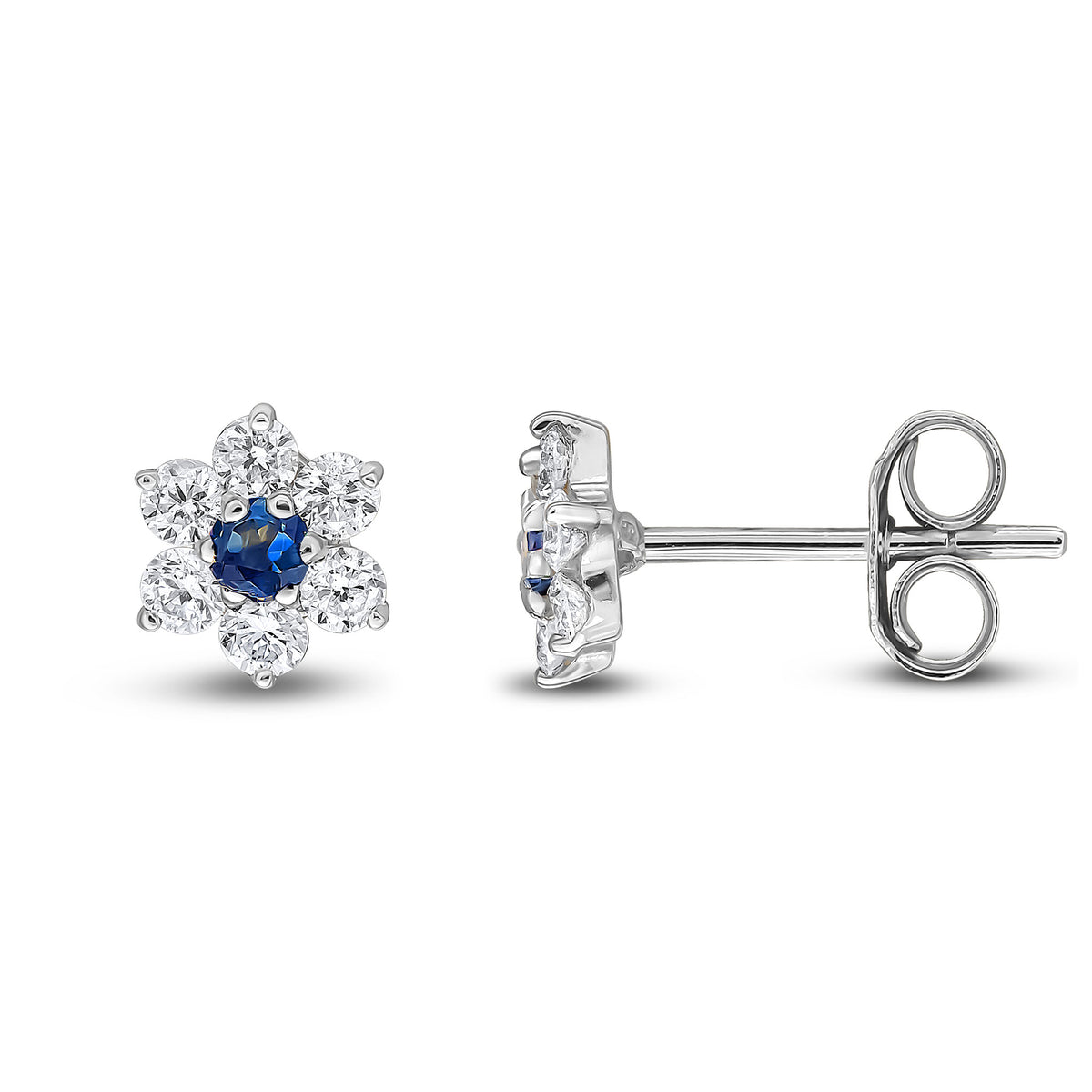 9CT WHITE GOLD ROUND SAPPHIRE AND DIAMOND CLAW CLUSTER EARRINGS
