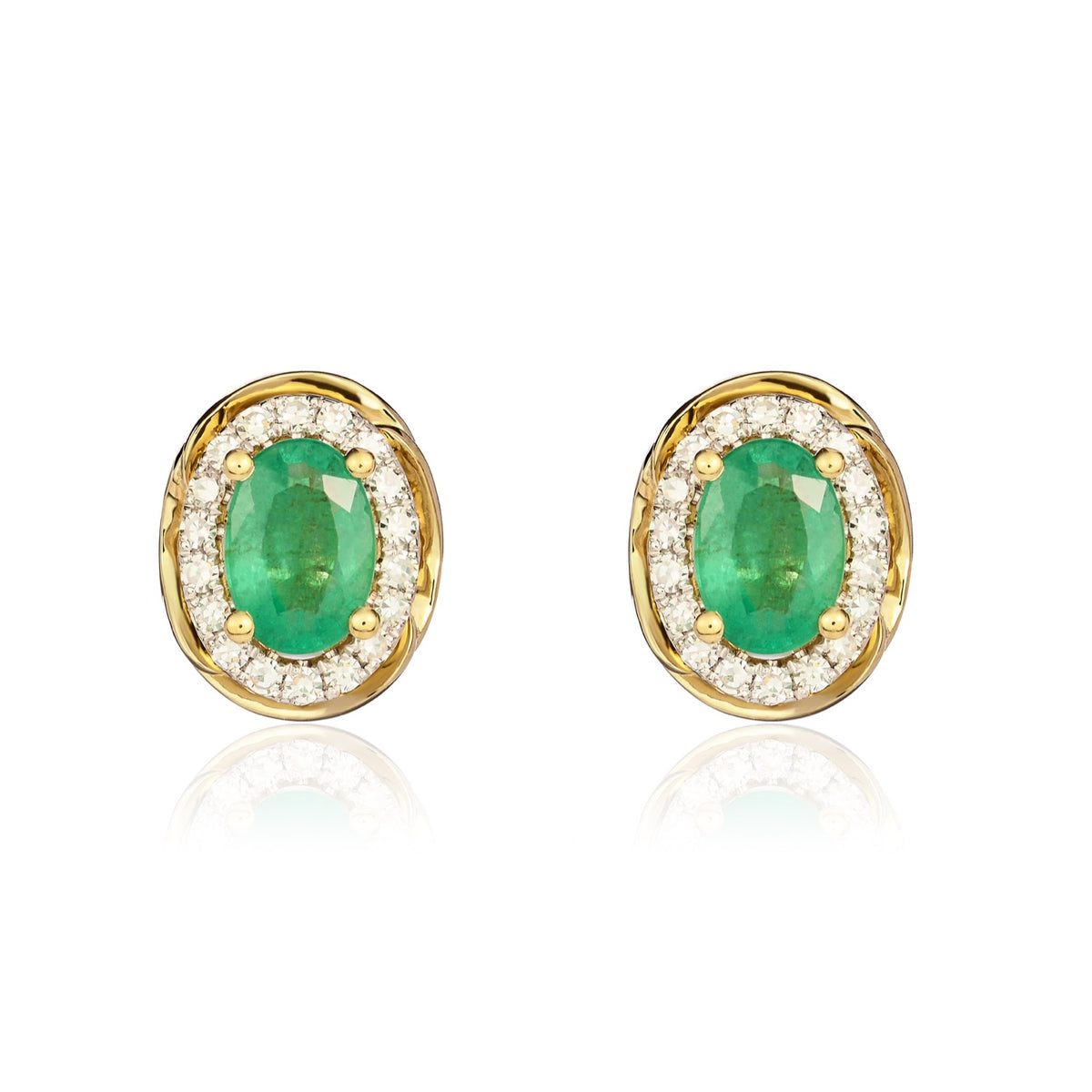 9CT YG 6X4 OVAL EMERALD & DIAMOND CLUSTER EARRINGS WITH ROPE EDGE. RHODIUM TO DIAMONDS
