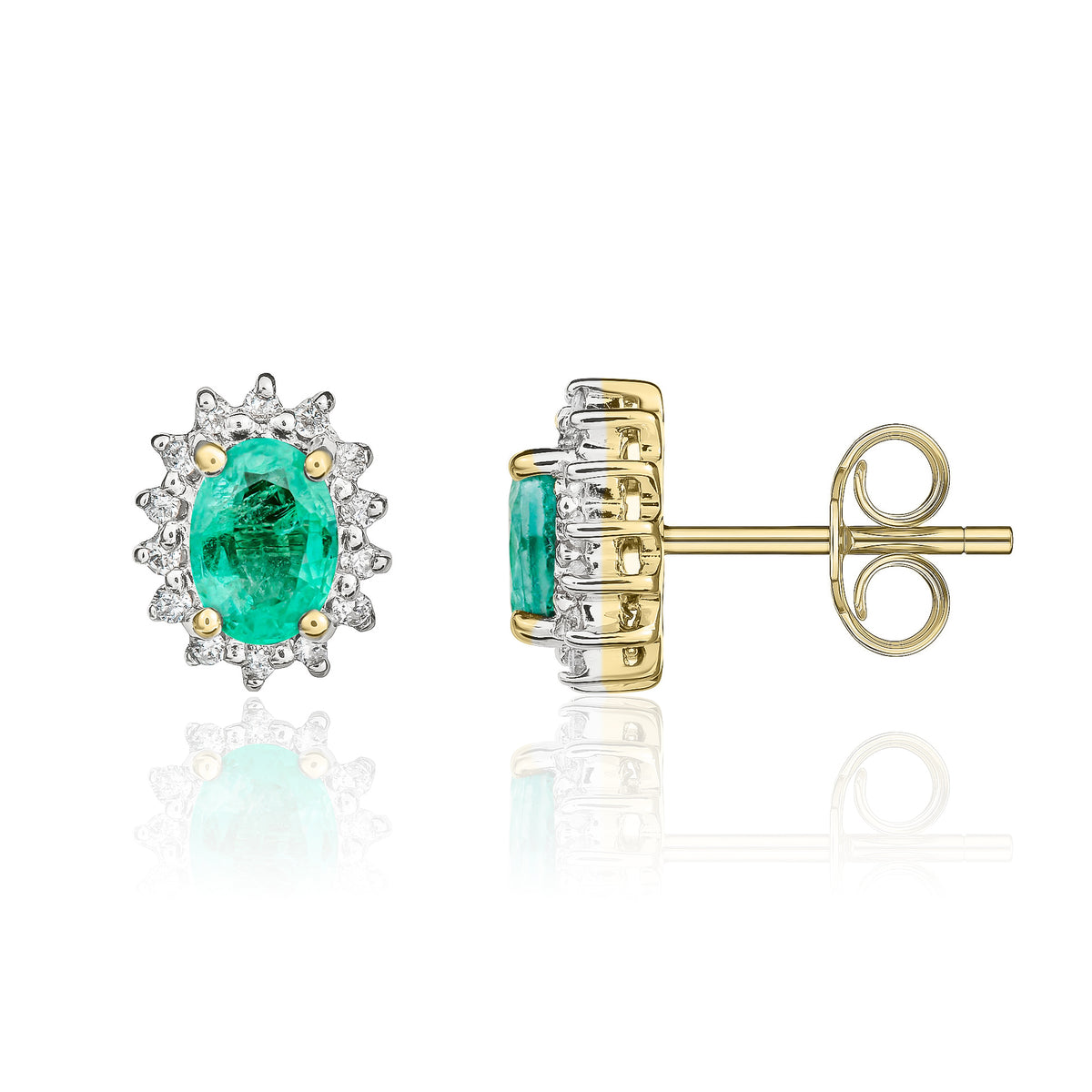 9CT YG 6X4 OVAL EMERALD AND DIAMOND CLAW SET CLUSTER EARRINGS. RHODIUM TO DIAMONDS