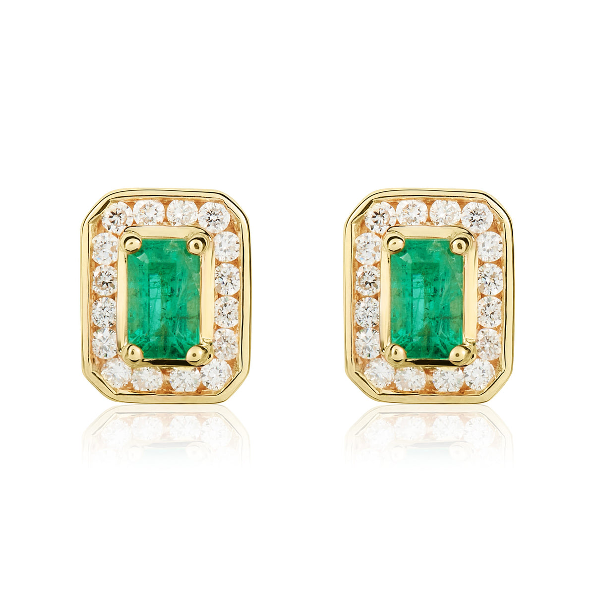 9CT YG 5X3 OCTAGON EMERALD AND DIAMOND CLUSTER EARRINGS