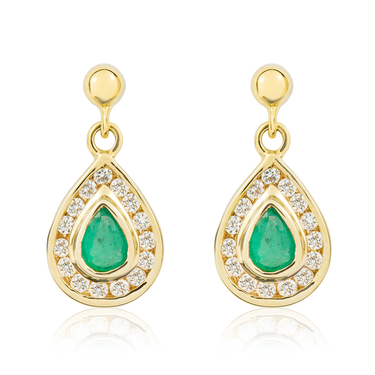 9CT YELLOW GOLD PEARSHAPE EMERALD AND DIAMOND RUBOVER CLUSTER DROP EARRINGS