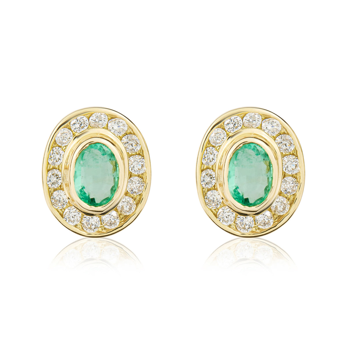 9CT YELLOW GOLD OVAL EMERALD AND DIAMOND RUBOVER CLUSTER EARRINGS