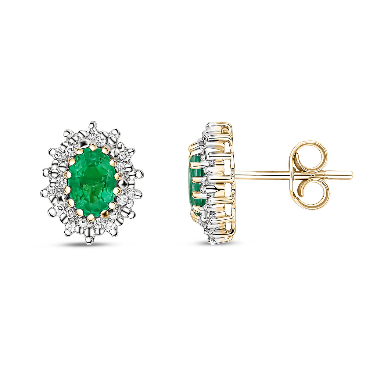 9CT YG 6X4 OVAL EMERALD AND DIAMOND CLAW CLUSTER EARRINGS. RHODIUM TO DIAMONDS