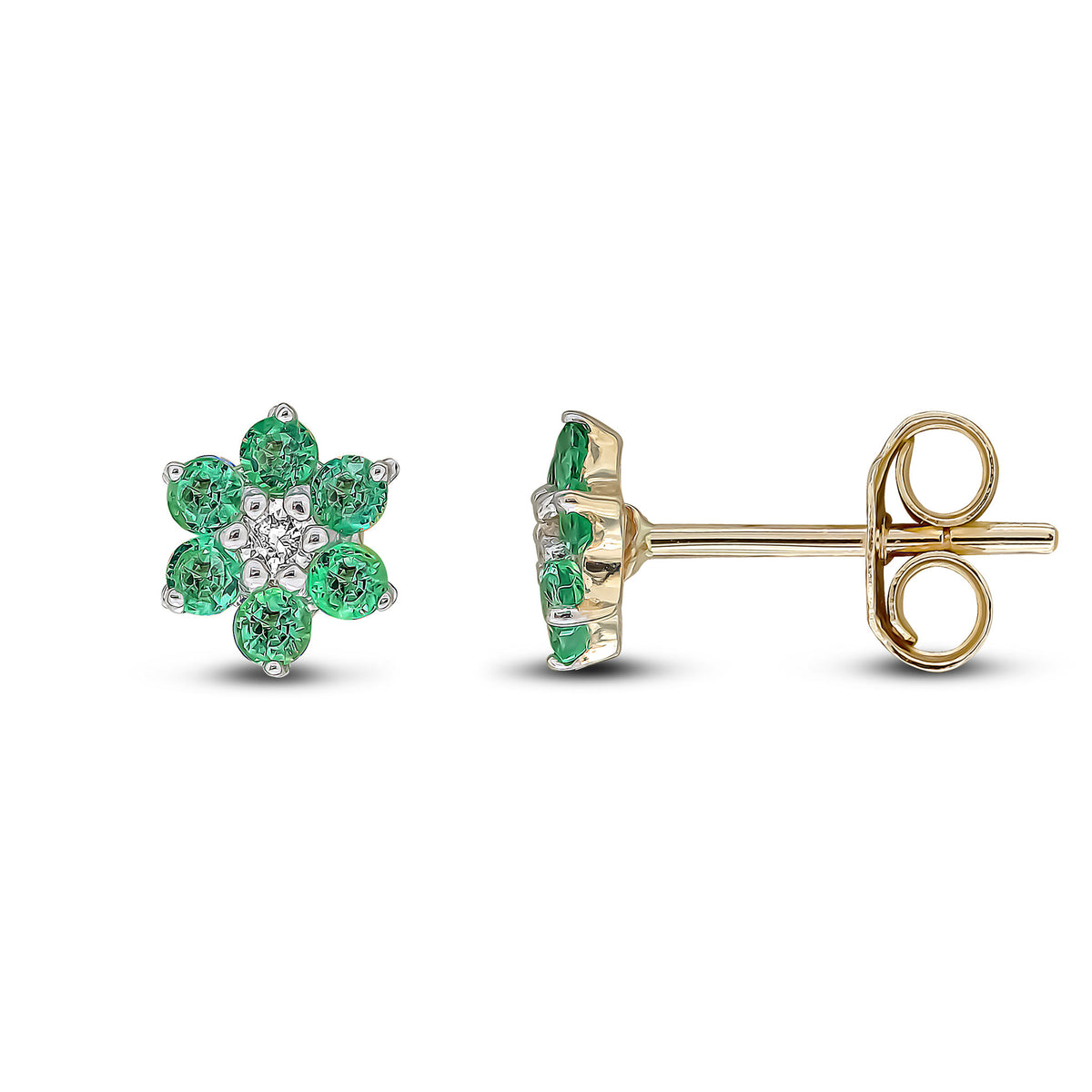 9CT YELLOW GOLD ROUND EMERALD AND ROUND DIAMOND 6X1 REVERSE CLUSTER CLAW EARRINGS