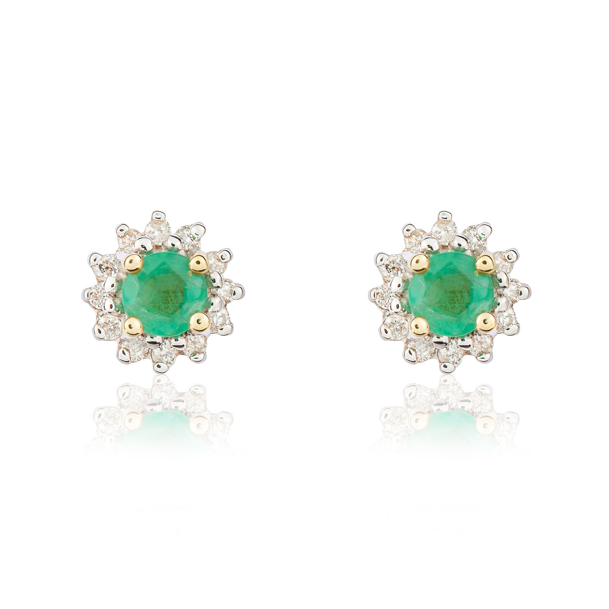9CT YG 3MM ROUND EMERALD AND DIAMOND CLAW CLUSTER EARRINGS. RHODIUM TO DIAMONDS
