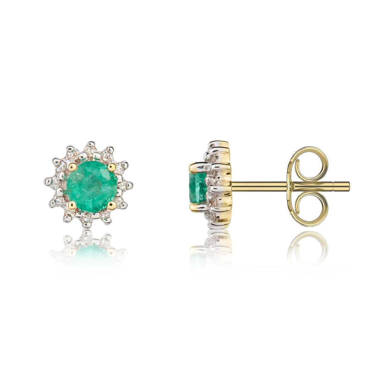 9CT YG 4MM ROUND EMERALD AND DIAMOND CLAW CLUSTER EARRINGS. RHODIUM TO DIAMONDS