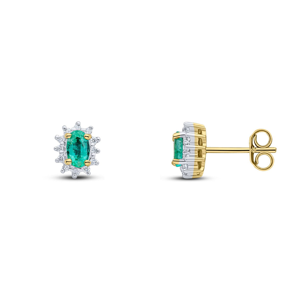 9CT YG 5X3 OVAL EMERALD & DIAMOND CLAW SET CLUSTER EARRINGS. RHODIUM TO DIAMONDS