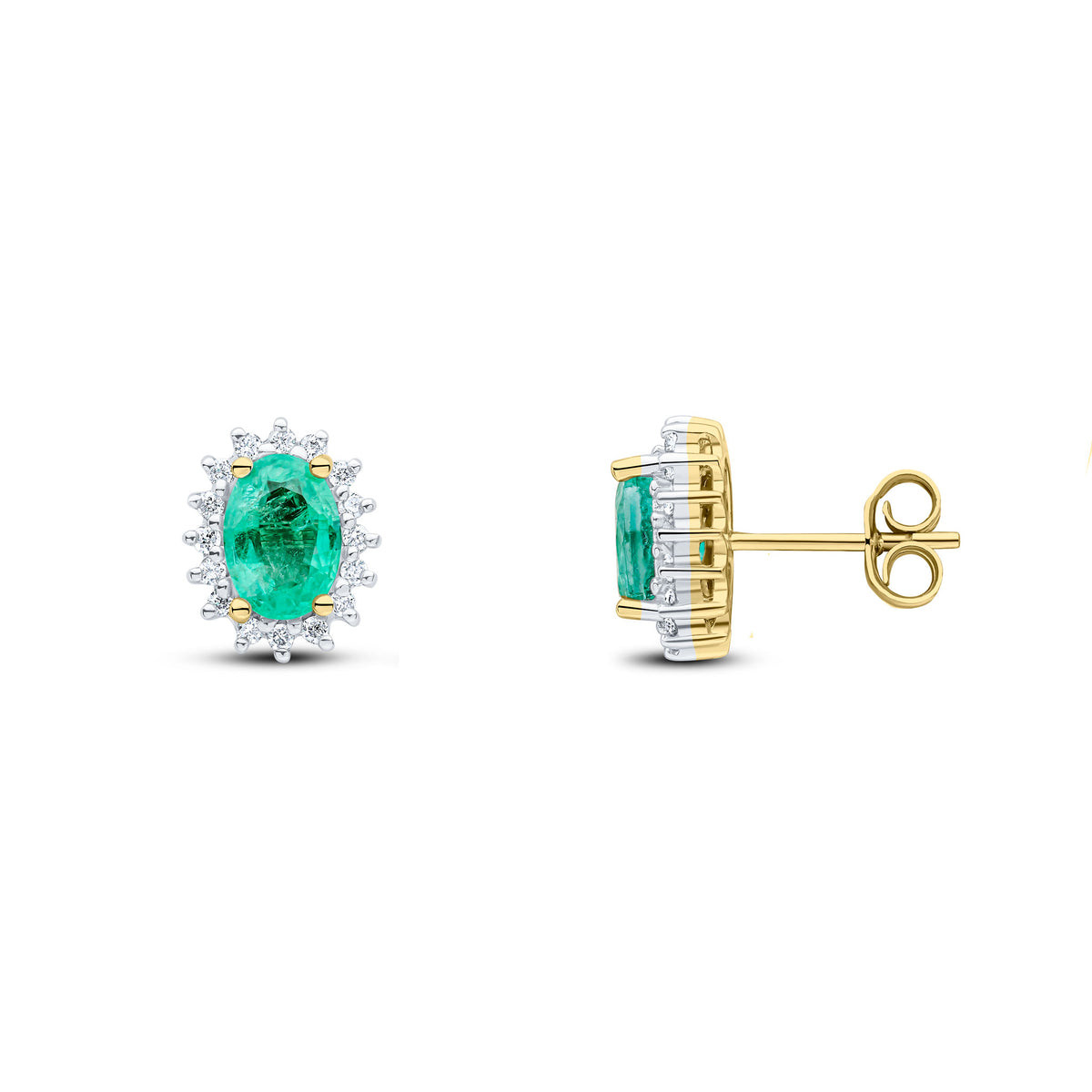 9CT YG 7X5 OVAL EMERALD & DIAMOND CLAW SET CLUSTER EARRINGS. RHODIUM TO DIAMONDS