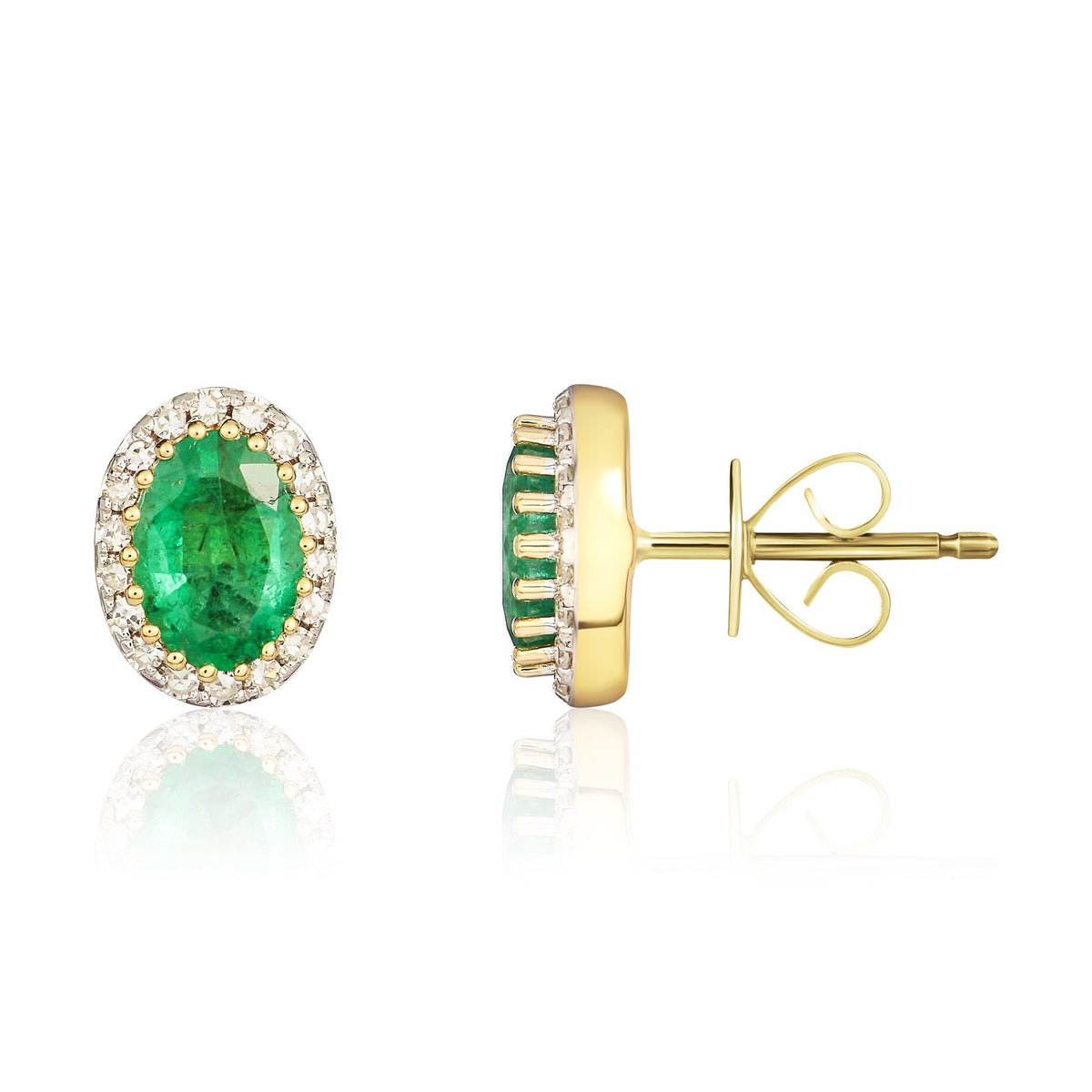 9CT YG 6X4 OVAL EMERALD & DIAMOND CLAW SET CLUSTER EARRINGS. RHODIUM TO DIAMONDS