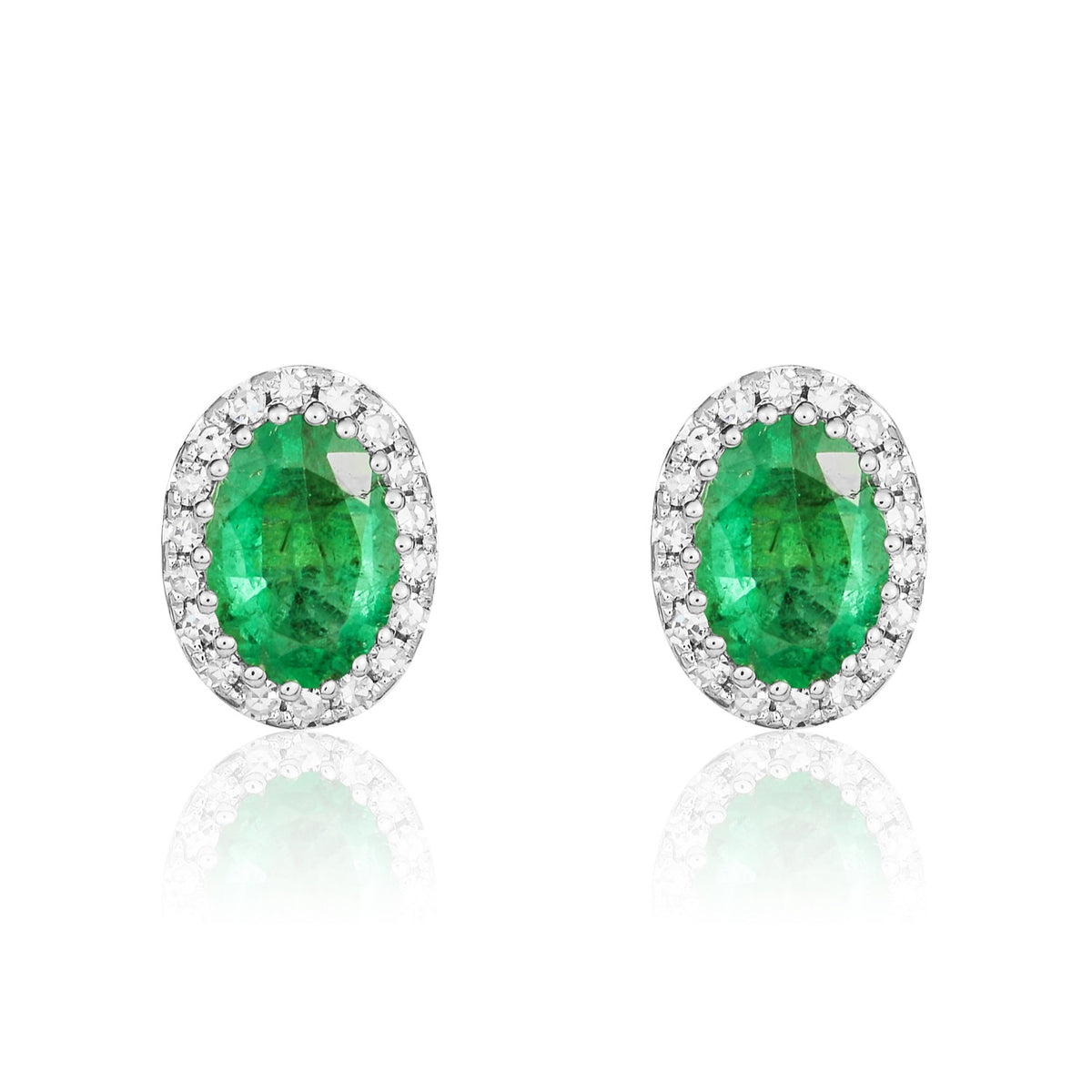 9CT WG 6X4 OVAL EMERALD & DIAMOND CLAW SET CLUSTER EARRING