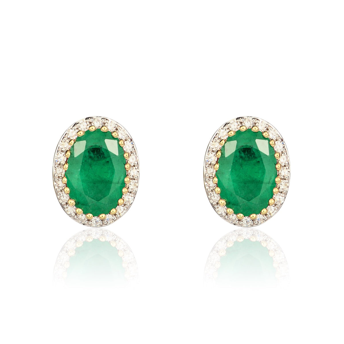 9CT YG 7X5 OVAL EMERALD AND ROUND DIAMOND CLAW CLUSTER EARRINGS