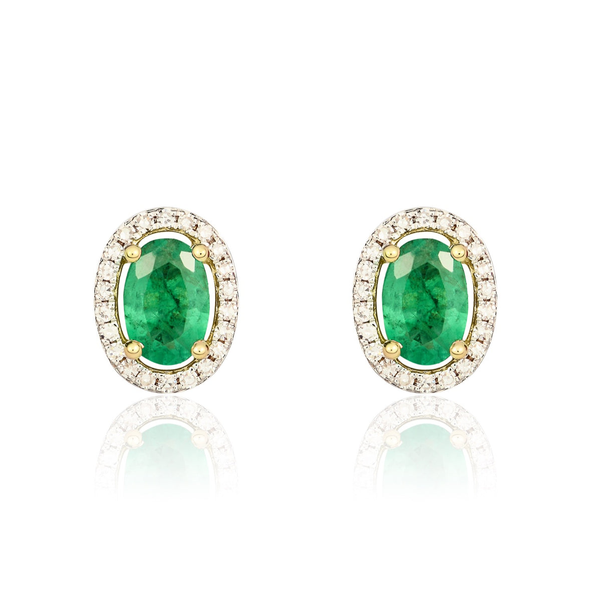 9CT YG 6X4 OVAL EMERALD AND ROUND DIAMOND HALO CLUSTER EARRINGS. RHODIUM TO DIAMONDS