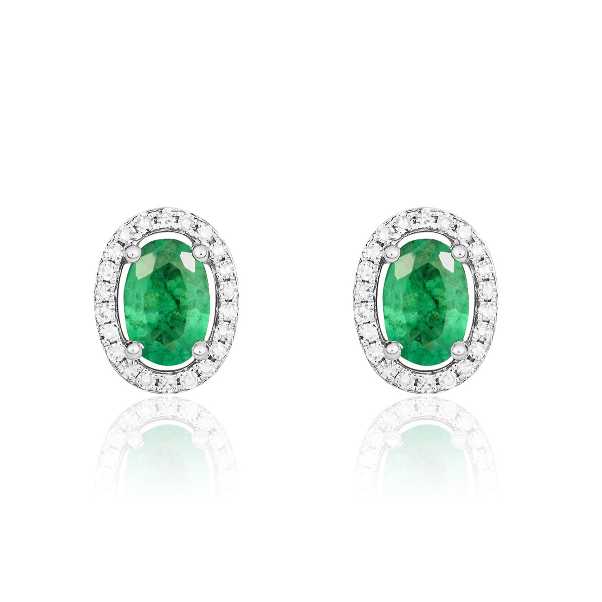 9CT WG 6X4 OVAL EMERALD AND ROUND DIAMOND HALO CLUSTER EARRINGS