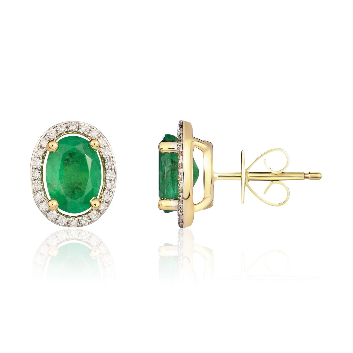 9CT YG 7X5 OVAL EMERALD AND ROUND DIAMOND CLAW SET HALO CLUSTER EARRINGS. RHODIUM TO DIAMONDS