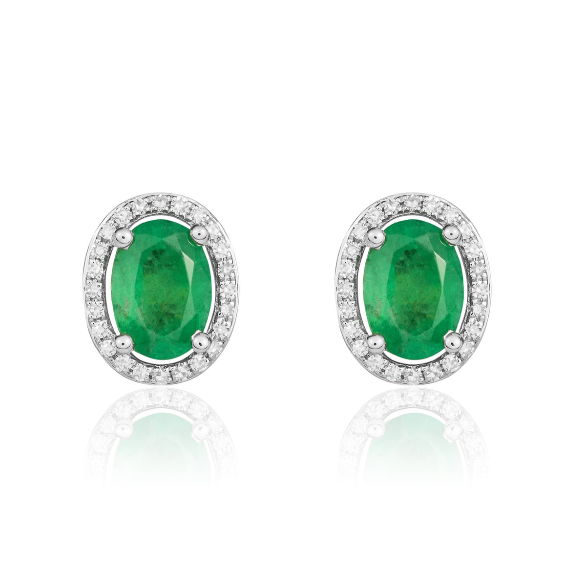 9CT WG 7X5 OVAL EMERALD AND ROUND DIAMOND CLAW SET HALO CLUSTER EARRINGS