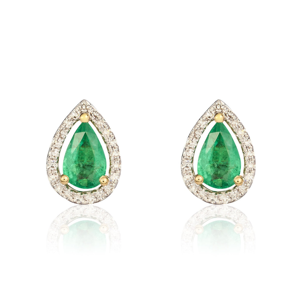 9CT YG 6X4 PEARSHAPE EMERALD & DIAMOND HALO CLUSTER EARRINGS. RHODIUM TO DIAMONDS