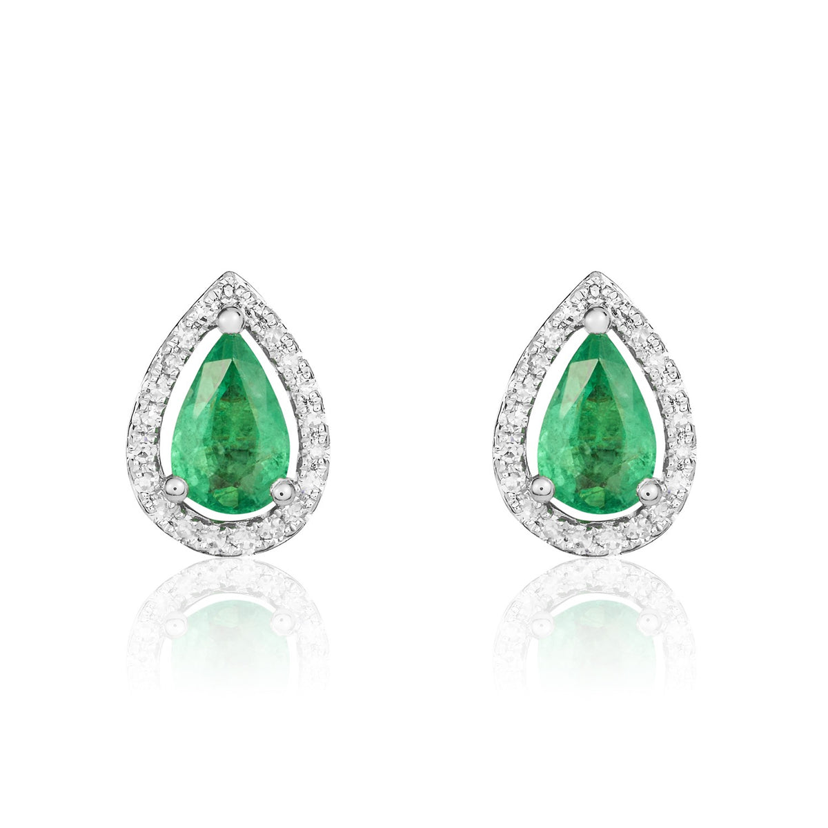 9CT WG 6X4 PEARSHAPE EMERALD & DIAMOND HALO CLUSTER EARRINGS