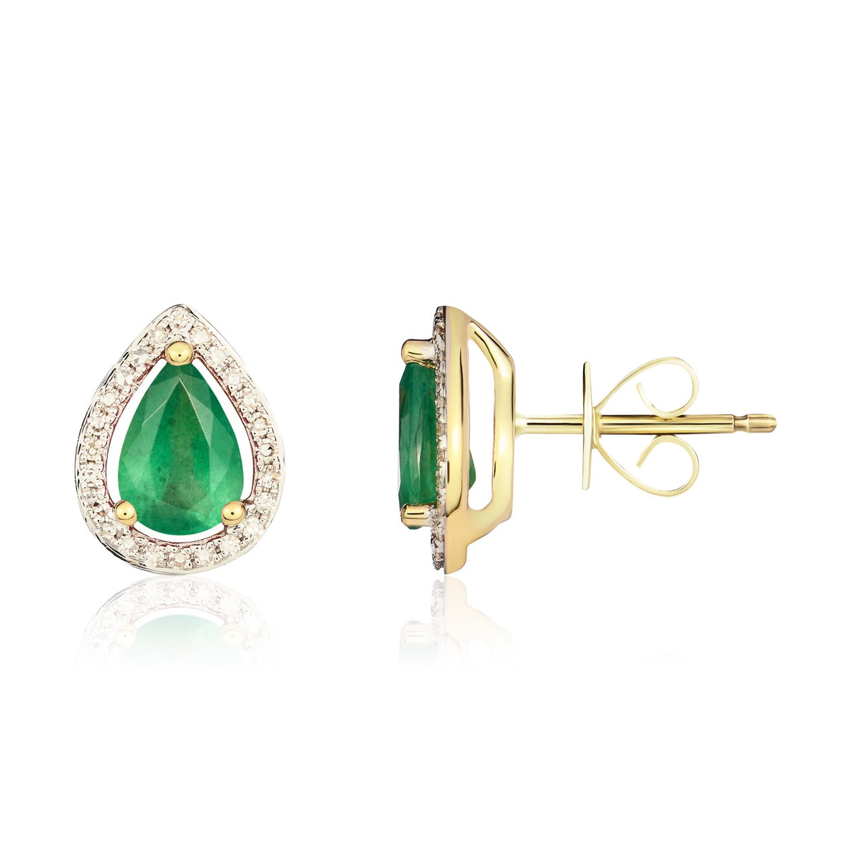 9CT YG 7X5 PEARSHAPE EMERALD & DIAMOND HALO CLUSTER EARRINGS. RHODIUM TO DIAMONDS