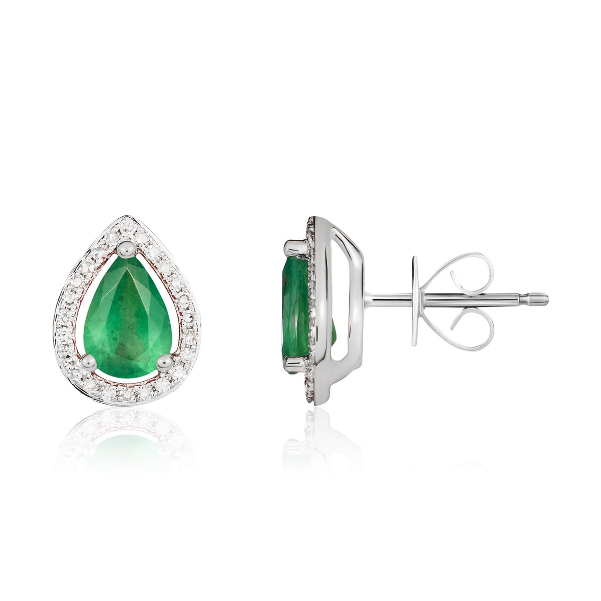 9CT WG 7X5 PEARSHAPE EMERALD & DIAMOND HALO CLUSTER EARRINGS
