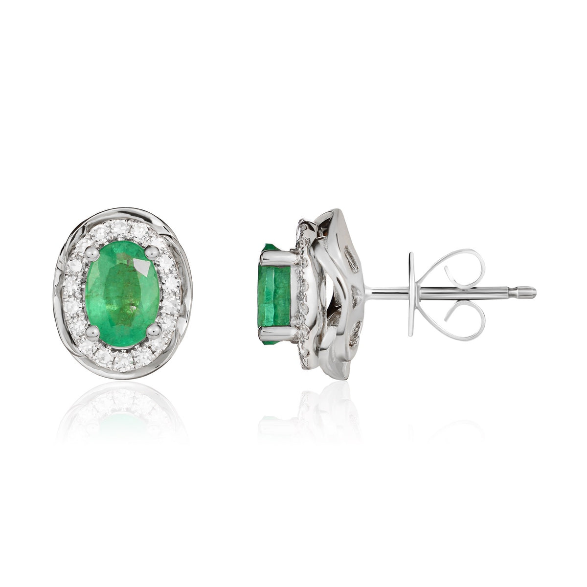 9CT WG 6X4 OVAL EMERALD & DIAMOND CLUSTER EARRINGS WITH ROPE EDGE