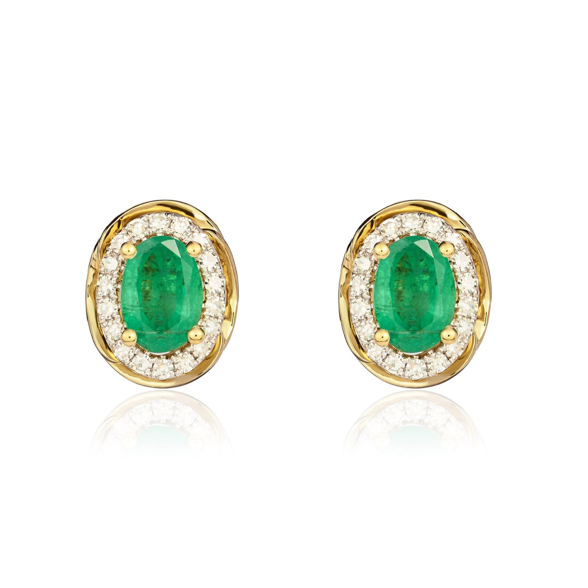 9CT YG 7X5 OVAL EMERALD & DIAMOND CLUSTER EARRINGS WITH ROPE EDGE . RHODIUM TO DIAMONDS