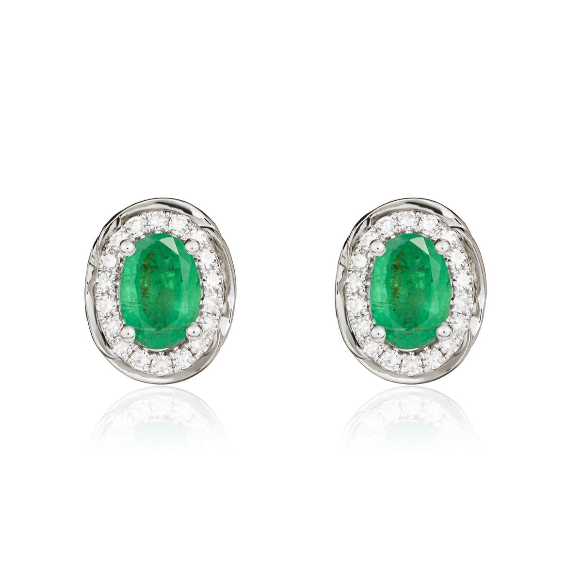 9CT WG 7X5 OVAL EMERALD & DIAMOND CLUSTER EARRINGS WITH ROPE EDGE