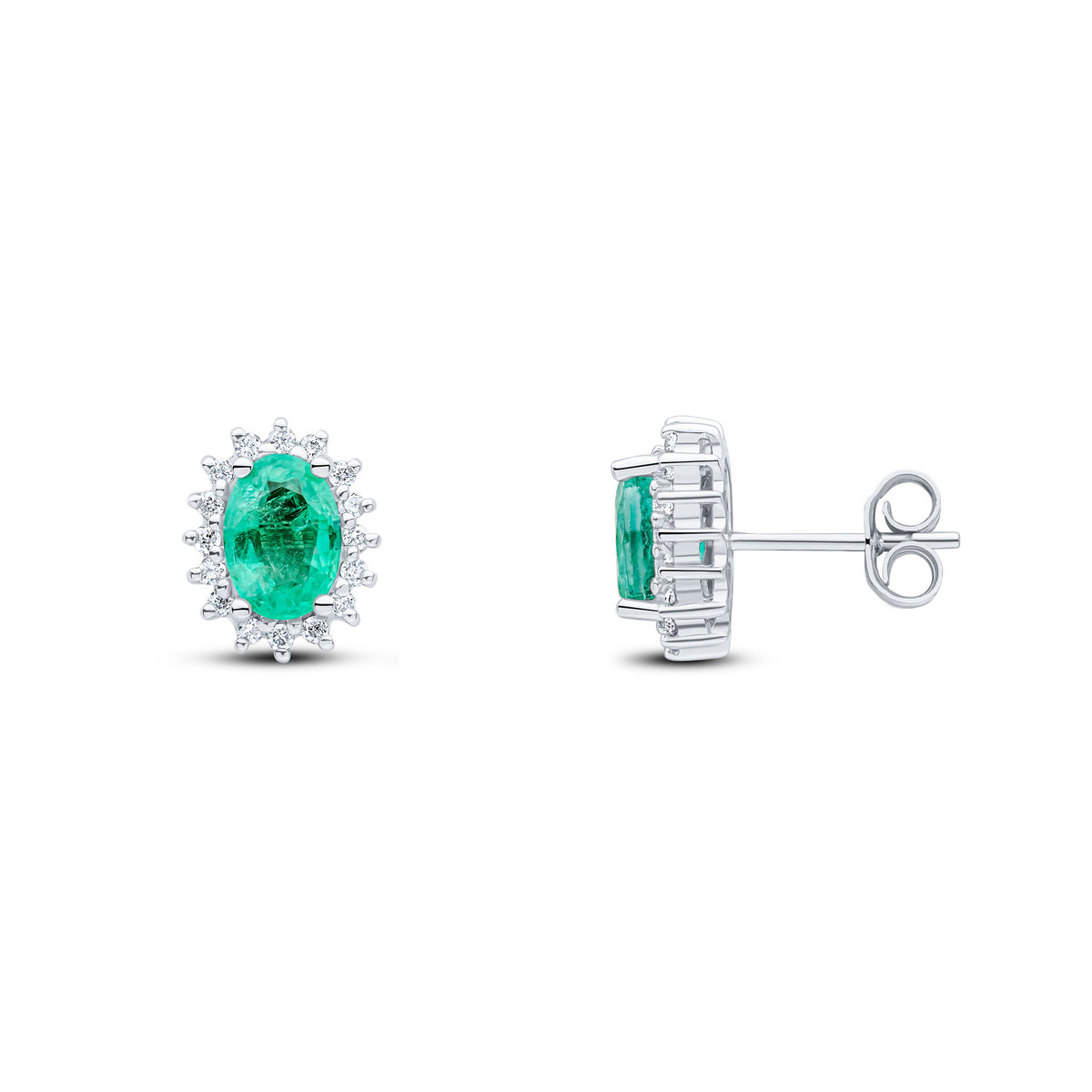 9CT WG 7X5 OVAL EMERALD & DIAMOND CLAW SET CLUSTER EARRINGS