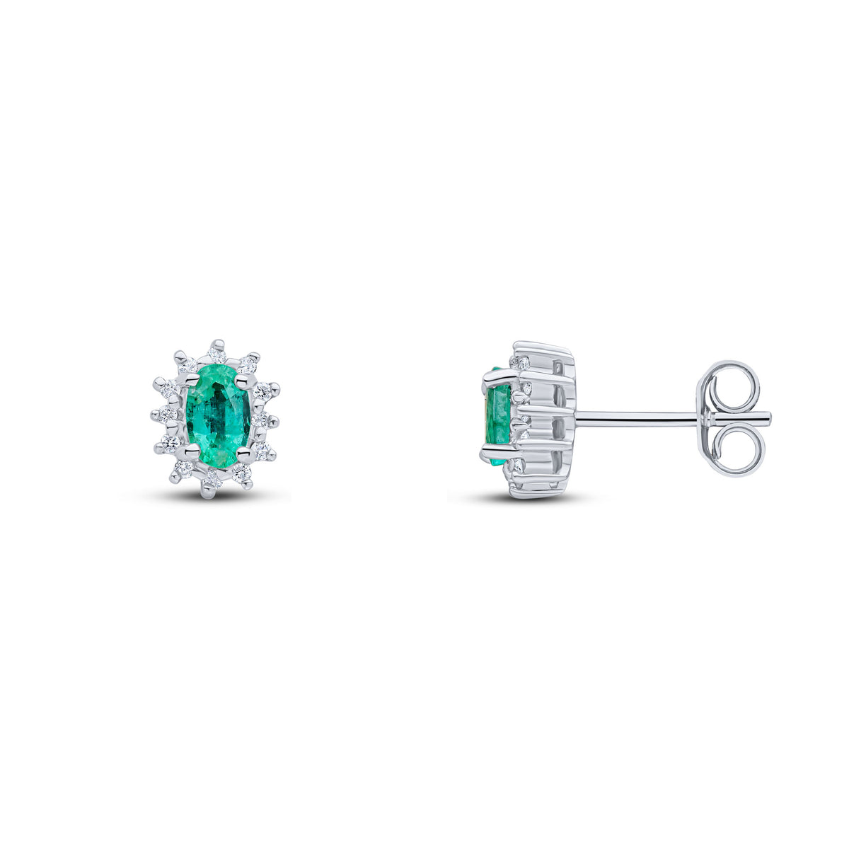 9CT WG 5X3 OVAL EMERALD & DIAMOND CLAW SET CLUSTER EARRINGS